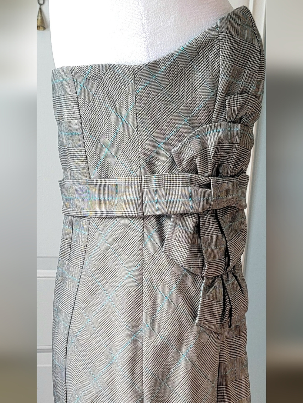 Anthropologie Floreat Doubly Adorned Plaid Strapless Midi Dress Womens 4 Grey Bl - Picture 7 of 14